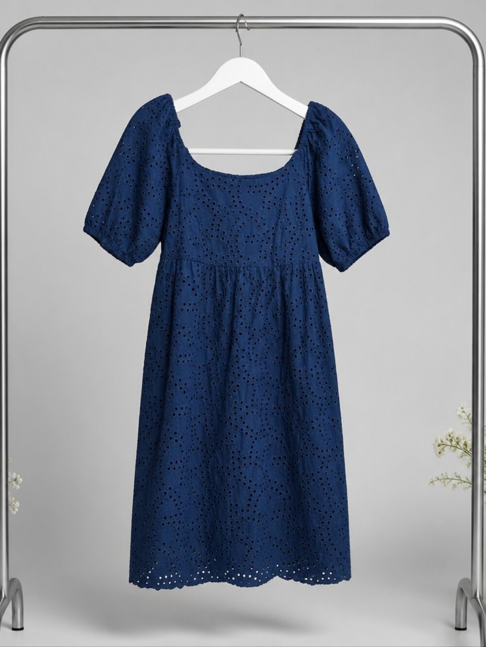 Time and Tru,  Navy Eyelet Midi Dress with Puff Sleeves